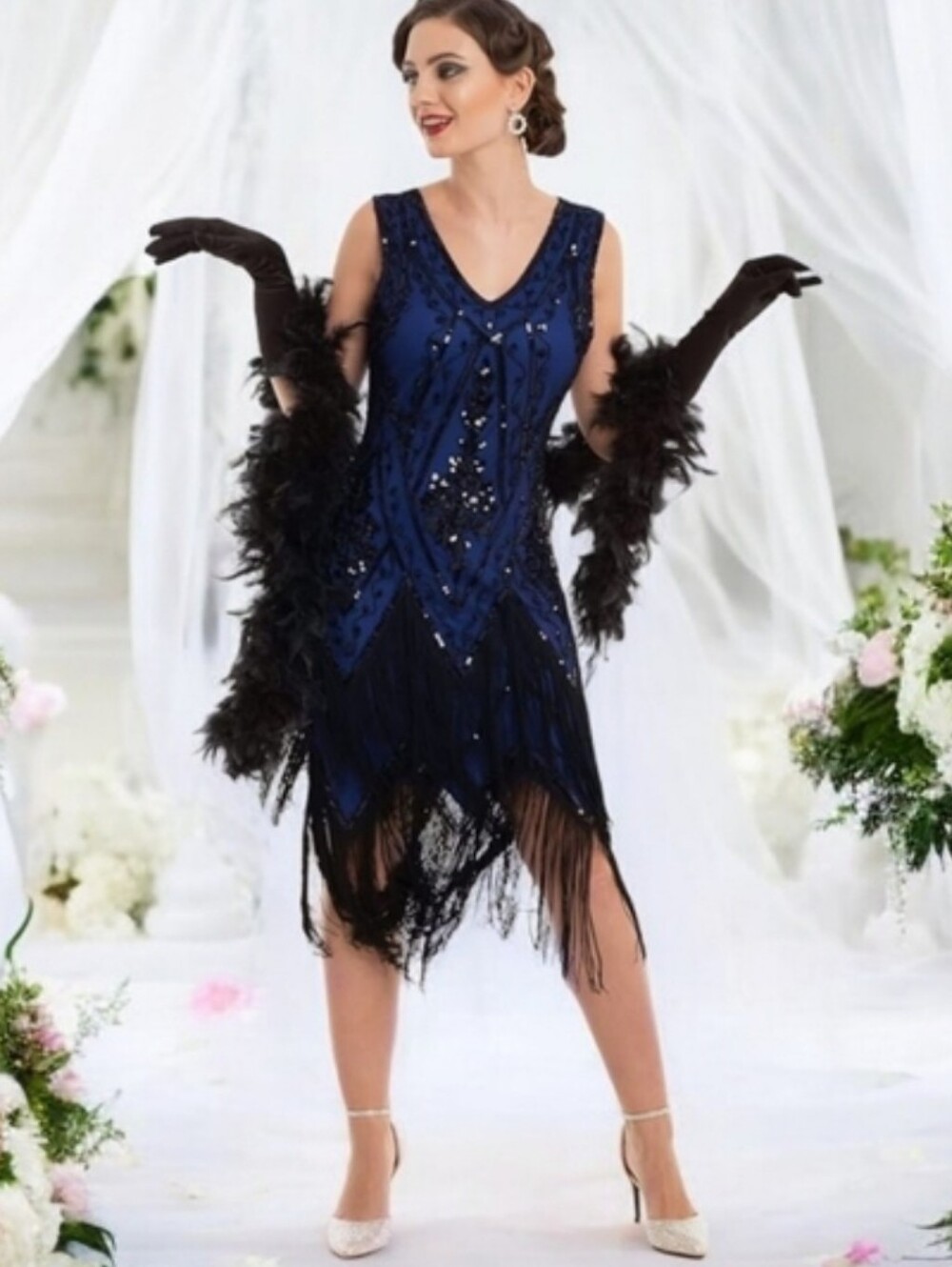 NWT Women's Roaring 1920's Elegant Navy Blue Fringe Beaded Flapper Dress Size-XL